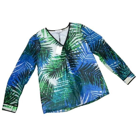 NWT Calvin Klein Top Blouse XS Tropical Long Sleeve Chiffon Pleated V Neck Crepe - Picture 2 of 10